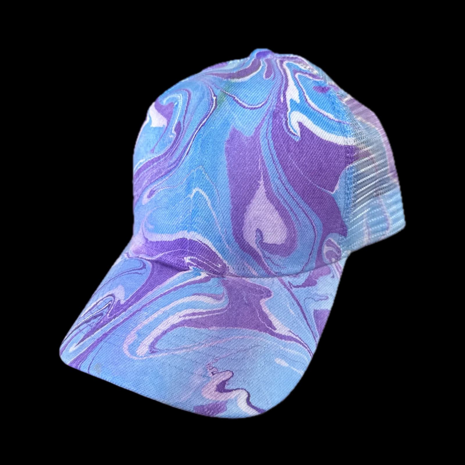 Hand-marbled trucker hat in blue and purple
